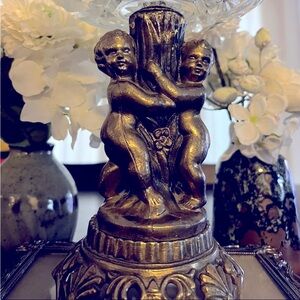 Bronze cherub antique statue with crystal bowl